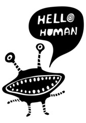 Black and white postcard with funny monster