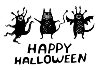 Black and white Halloween postcard with happy monsters