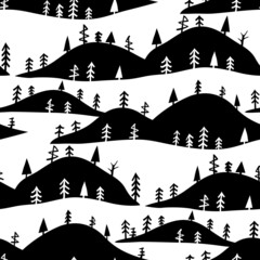 Black and white seamless forest landscape pattern with trees and hills 