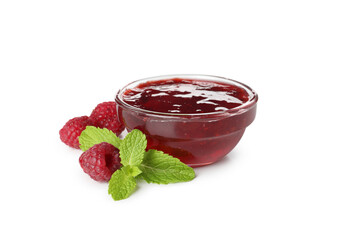 Glass bowl of raspberry jam isolated on white background