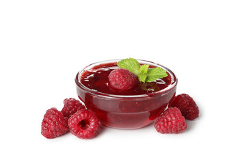 Glass bowl of raspberry jam isolated on white background