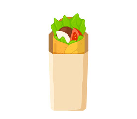 Fototapeta na wymiar Shawarma fast food meat roll in paper packaging. Arabic eastern toasty doner kebab meal. Cartoon shaurma or burrito. Shawerma flat vector eps illustration