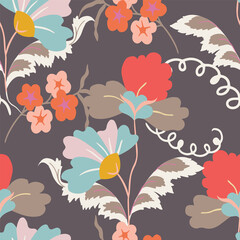 Vector dark Autumn flowers seamless pattern background