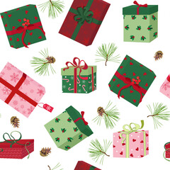 Seamless Christmas vector illustration with gift boxes and pine branches and cones on a white background.