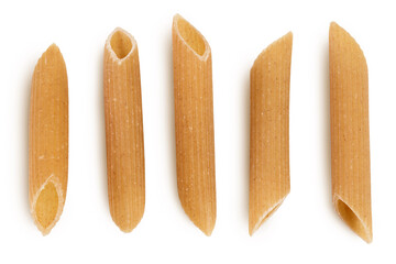 Wolegrain penne pasta from durum wheat isolated on white background with clipping path and full depth of field. Top view. Flat lay, Set or collection