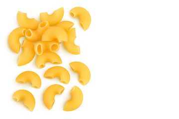 raw macaroni pasta isolated on white background with clipping path and full depth of field. Top view with copy space for your text . Flat lay