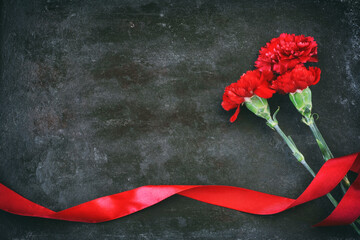 three red carnations, scarlet silk ribbon, on black background