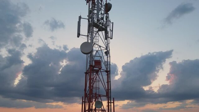 Telecom tower with 5g base station antenna. Aerial view of telephone mast