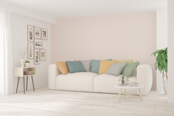 Modern living room in white color with sofa. Scandinavian interior design. 3D illustration