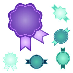 A set of sixteen multi-colored starburst icons with ribbons, sunburst in bright colors with a geometric pattern on a white background, an empty sign with an inscription, vector graphics