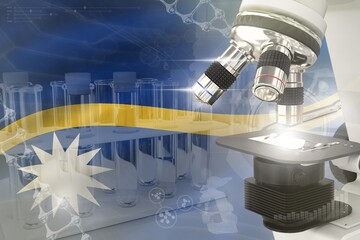 Microscope on Nauru flag - science development digital background. Research of biology design concept, 3D illustration of object