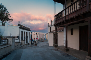 Street in El Paso with canary balcony at sunset. La Palma. Canary Islands. Spain