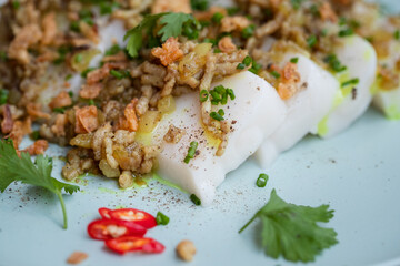 Dish of northern Vietnamese non glutinous rice cake with ground pork, Banh Duc