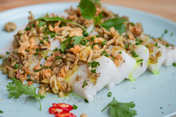 Dish of northern Vietnamese non glutinous rice cake with ground pork, Banh Duc