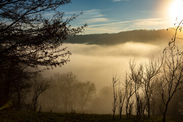 Fototapeta premium Beautiful scenic winter landscape with a fog filled valley