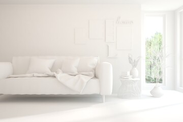 White minimalist living room with sofa. Scandinavian interior design. 3D illustration