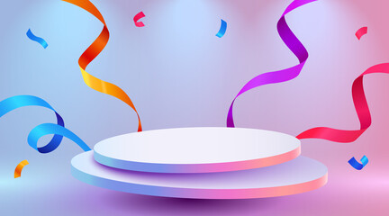Abstract scene background. Cylinder podium background with confetti and ribbons. Product presentation, mock up, show cosmetic product, Podium, stage pedestal or platform.