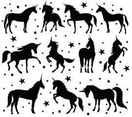 unicorns silhouette set, collection, isolated, vector