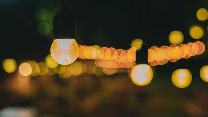 Electric light bulbs at the night, Nature background, Party decoration or camping concept.