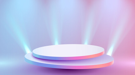 Abstract round podium illuminated with spotlight. Award ceremony concept. Stage backdrop.