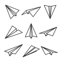 Various hand drawn paper planes. Black doodle airplanes. Aircraft icon, simple monochrome plane silhouettes. Outline, line art. Vector illustration.