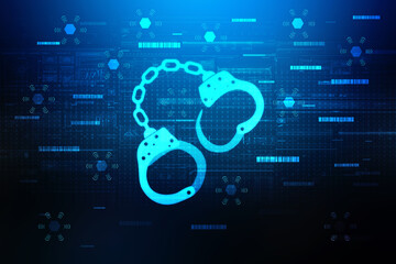 2d illustration Cyber Security concept: pixelated handcuffs icon on digital background, Cyber crime concept
    
  
