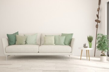 Modern living room in white color with sofa. Scandinavian interior design. 3D illustration