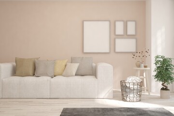 Brown living room with sofa. Scandinavian interior design. 3D illustration