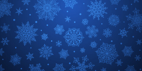 Fototapeta na wymiar Christmas background of big and small complex snowflakes in blue colors