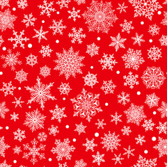 Christmas seamless pattern of big and small complex snowflakes in red and white colors. Winter background with falling snow