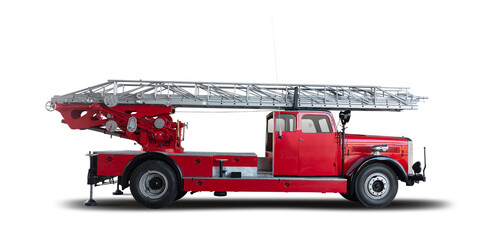 Classic fire truck with ladder side view isolated on white background	

