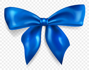 Beautiful big bow made of blue ribbon with shadow, isolated on transparent background. Transparency only in vector format