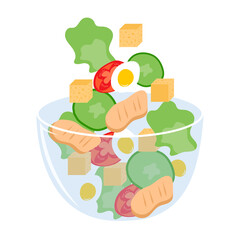 Caesar salad with croutons, grilles chicken meat, fresh vegetable, lettuce vector illustration. Salad in glass bowl on a white background.