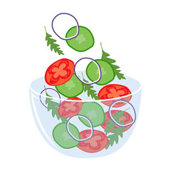 vegetarian salad with fresh vegetable, tomatoes, cucumber, lettuce, onion vector illustration. Salad in glass bowl on a white background.