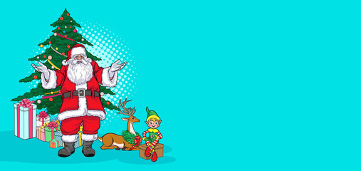 Santa Claus with deer and elf christmas tree for banner