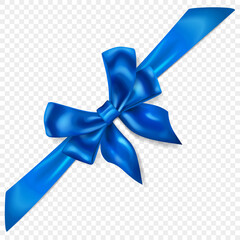 Beautiful blue bow with diagonally ribbon with shadow, isolated on transparent background. Transparency only in vector format