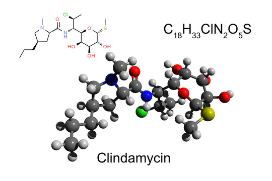 Chemical formula, structural formula and 3D ball-and-stick model of antibiotic clindamycin, white background