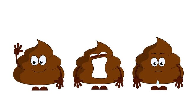 Three poop with different emotions. Animation on a white background.