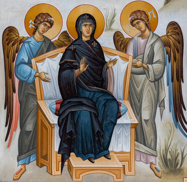 A painting on the wall representing the Mother of God and two angels of the Cormaia monastery - Romania 10.Oct.2021