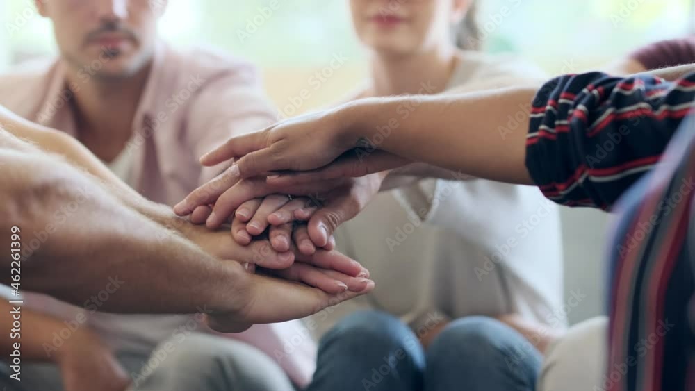 Canvas Prints Video of close up of hands of successful smart business team celebrating good job while holding up their right hands on coworking place.