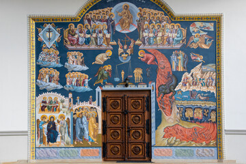 painting on the wall of the monastery representing the Last Judgment in the village of Cormaia -...