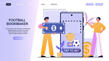Betting on football. Man carries money to bookmakers. Landing page, concept of gambling. Guess exact score and get your winnings. Cartoon flat vector illustration isolated on white background