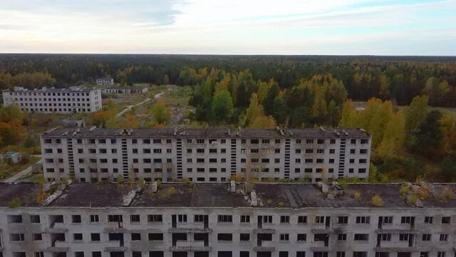 Aerial View of Abandoned Military Ghost Town Irbene in Latvia. Former Super Secret Abandoned Soviet Military Town Irbene in Latvia. Soviet Army Spying Object