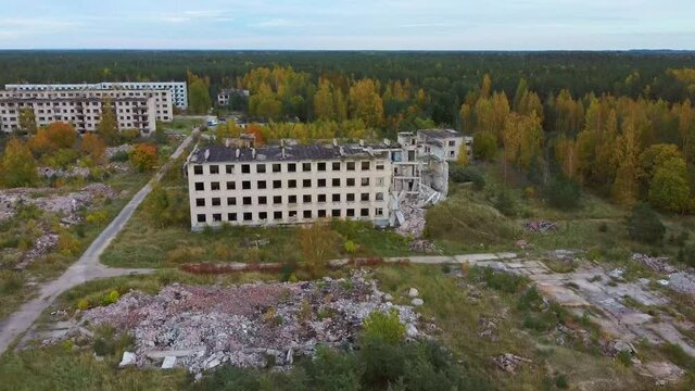 Aerial View of Abandoned Military Ghost Town Irbene in Latvia. Former Super Secret Abandoned Soviet Military Town Irbene in Latvia. Soviet Army Spying Object