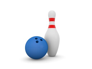 Bowling ball and pin on a white background. 3d render illustration.