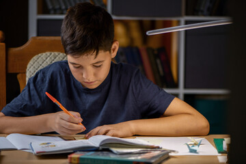 The schoolboy does homework at home. The boy is doing his homework