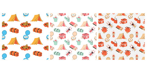 Camping in the woods seamless pattern vector illustration. Survival kit texture design. Tourist elements for expedition background. Adventure set wrapping.