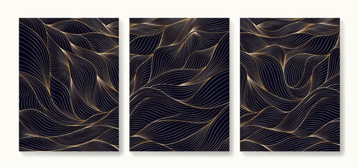 Luxury art background of three posters with a pattern of golden geometric lines for interior decoration of textiles and web. - obrazy, fototapety, plakaty
