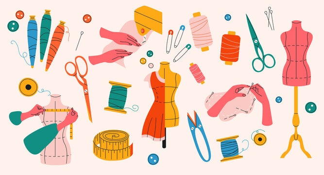 Sewing and dressmaking simple elements collection. Tailoring workshop flat isolated set. Different handmade textile in trendy flat design.