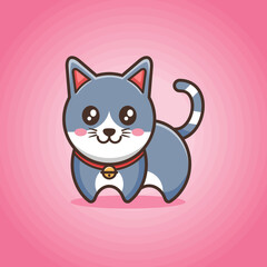Happy cute cat cartoon with grey and white color in pink background flat design